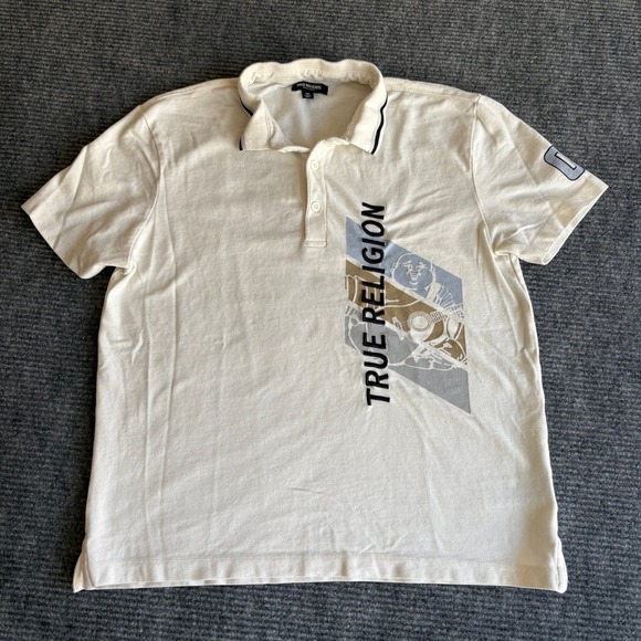 True Religion Other - Y2K True Religion Mens Buddha Graphic Polo Shirt Cream Off White Size Medium M